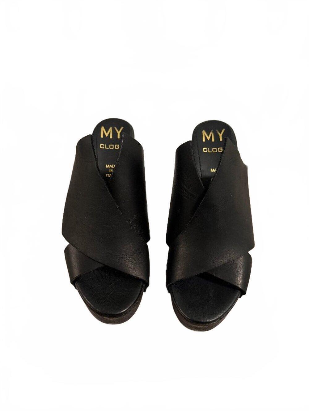 Black high-heeled clogs
